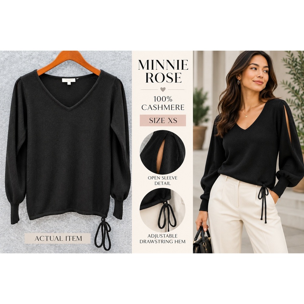 Minnie Rose Sweater Womens Cashmere V-Neck Slit Sleeve Black XS Excellent Chic
